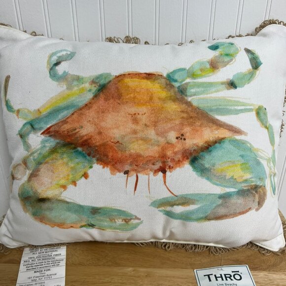 Crab Nautical Throw Pillow with Burlap Fringe 18" x 14" - NEW - Picture 2 of 4